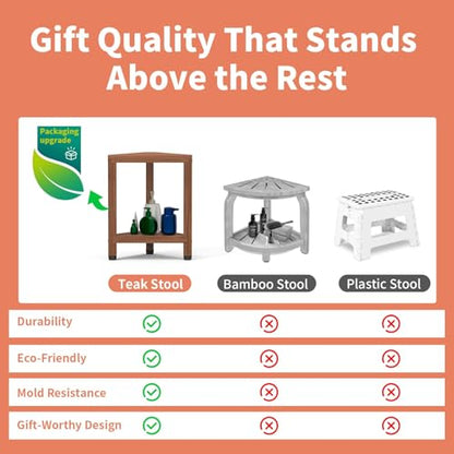 Samplife 17" Teak Corner Shower Stool for Shaving Legs, Space-Saving Shower Foot Rest with Storage Shelf, Water-Resistant Corner Bench for Inside Shower & Small Bathrooms