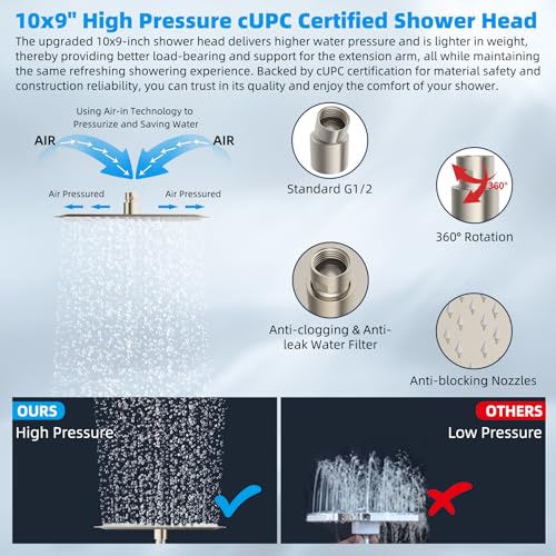 Hibbent All Metal 10'' Rain Shower Head, 16'' Extension Arm, Brushed Nickel | cUPC Certified High Pressure Rainfall Showerhead with Solid Brass Adjustable Shower Head Extension Arm, Fixed Showerheads - color: Brushed Nickel, style: Square 10''