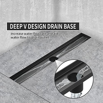 Linear Shower Drain, Matte Black Shower Drain 24 Inch with Removable Grate, SUS-304 Stainless Steel Rectangle Floor Drain with Leveling Feet and Hair Strainer, Bathroom Modern Drain SD-101 - color: Matte Black, size: 24 Inch
