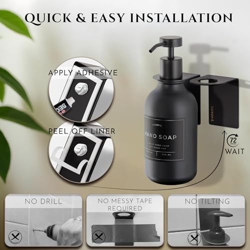 Shower Shampoo Dispenser Wall Mounted – Refillable 16.9 oz Black Bottle with Stainless Steel Pump & No-Drill Adhesive Holder – Soap Dispenser for Bathroom (1 X Black) - color: 1 X Black