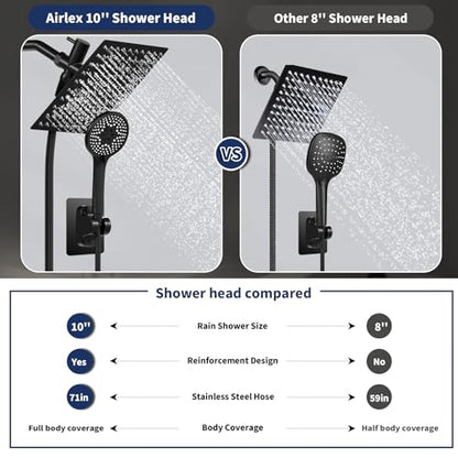 Airlex Shower Head Rain Shower Head with Handheld Spary, High Pressure Rainfall Showerhead and 4 Modes Handheld Shower Heads Built-in Power Wash with 71 Inch Stainless Steel Hose, 10'' Matte Black - color: Matte Black, size: 10 Inch