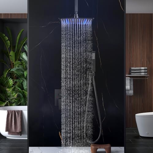 Aolemi Ceiling Shower Faucet Set with Handheld 10" LED Head Matte Black | Handheld Spray,10 Inch Rain LED Head,Shower Valve and Trim Kit,All Metal,Ceiling System,Bathroom Mixer - color: Black, size: 10 Inch LED Shower Head