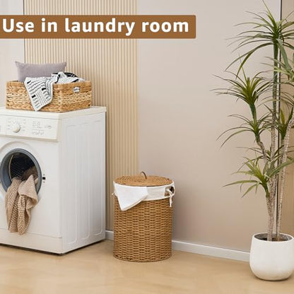 Round Wicker Laundry Hamper with Lid Handwoven Rattan Basket with Handles for Dirty Clothes, 2 Washable Liner Bags, No Assembly Required, Washable Basket, 40L - color: Rattan, size: 40L