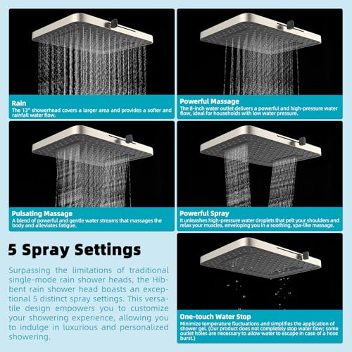 Hibbent cUPC Certified 5 Spray Modes Shower Head, 13'' High Pressure Large Rainfall Shower Head, High Flow Waterfall Bathroom Fixed Showerheads, Adjustable Swivel Ball Joint, Brushed Nickel - color: Brushed Nickel, style: Square 13''