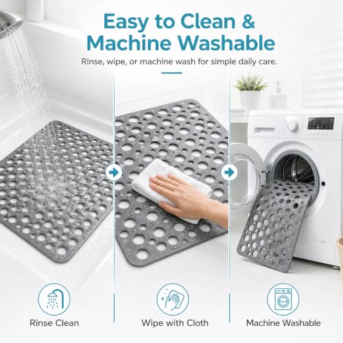 Casa and Beyond Shower Mat, Secure Shower Mat-Non-Slip, Washable Non-Slip Bathtub Mats, with Suction Cups and Drain Holes, Soft Textured Design, Easy to Clean for Bathroom (Blue, 29.5" x 17") - color: Blue, size: 29.5" x 17" (Rectangular)