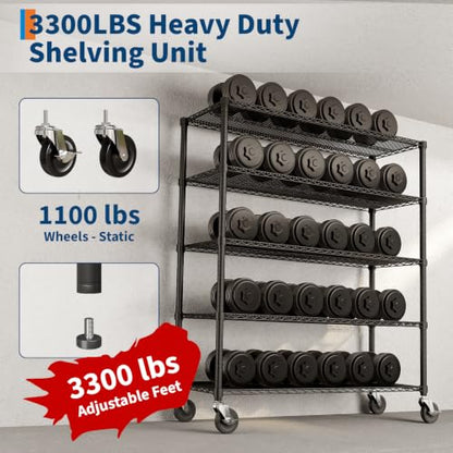 Garvee Storage Shelves, 5-Tier Metal Shelving Units with Wheels, 73" H x 59" W x 17.1" D, 3300 LBS Heavy Duty Wire Shelving Rolling Rack for Garage Kitchen Home Basement, Adjustable, Black | 76.8"Hx59"Wx17.7"D, Adjustable, Heavy Duty, Wire Shelving Rack,