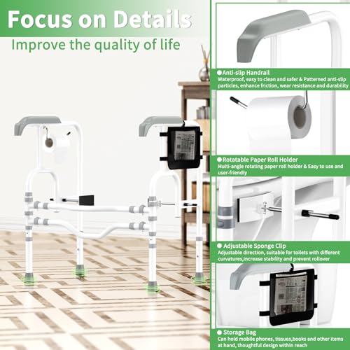 Foldable Toilet Safety Rails for Seniors, Toilet Safety Frame Height Adjustable, Heavy Duty Bathroom Rail with Armrests, Bathroom Safety for Elderly and Disabled(400LBS) - color: White 2