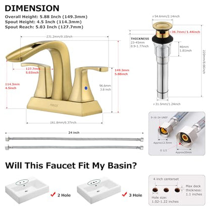 2 Handles Waterfall Bathroom Faucet with Metal Pop-up Drain and Faucet Supply Lines, Brushed Gold, Doris 1406808 - color: Brushed Gold