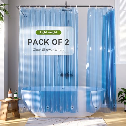 Plastic Shower Curtain Liner Pack of 2, Lightweight Clear Plastic Shower Liner PEVA 72 x 72 Waterproof Shower Curtains for Bathroom with 3 Strong Magnets and Rustproof Grommets, Clear Blue - color: Clear Blue, size: 72"W x 72"L (Pack of 2)
