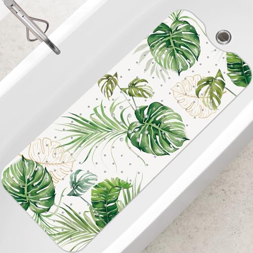 SHUCHING Green Bath Mat for Tub Non Slip-40x16 Inch, Leaves | Bathtub Mat for Women & Elderly Mold Free, Long Shower Mat for Inside Shower with Suction Cup, Machine Washable - color: Tropical Leaves