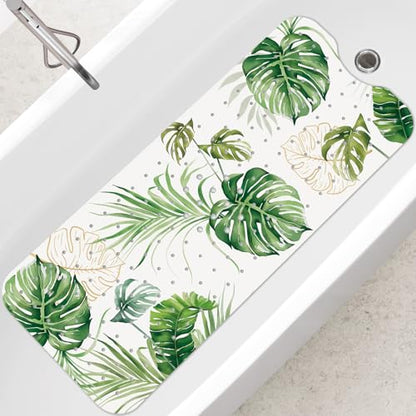 SHUCHING Green Bath Mat for Tub Non Slip-40x16 Inch, Leaves | Bathtub Mat for Women & Elderly Mold Free, Long Shower Mat for Inside Shower with Suction Cup, Machine Washable - color: Tropical Leaves