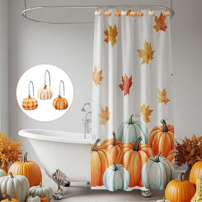 Colingmill Set of 12 Pumpkin Shower Curtain Hooks for Fall Bathroom Decor, Metal Rustproof Farmhouse Plaid Autumn Pumpkin Decorative Shower Curtain Hooks Rings for Thanksgiving Bathroom Decor - style: Pumpkin