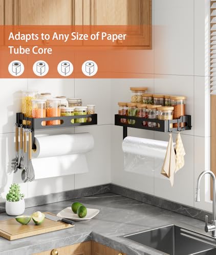 Paper Towel Holder Wall Mount with Shelf, Easy One Hand Tear, Adhesive Glue or Drill Mount Hanging Paper Towel Holder with Shelf for Kitchen/Bathroom/RV, Black Metal, 4 Hooks - color: Black