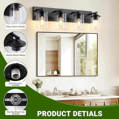 4-Light Bathroom Lighting Fixtures Over Mirror, Matte Black Bathroom Vanity Lights with Clear Glass Shade, Modern Vanity Lighting Fixtures for Living Room, Bedroom, Hallway - size: 4-Light