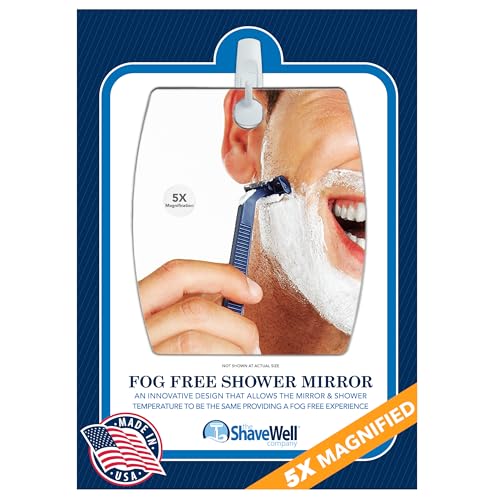 Shave Well 5X Magnifying Anti-Fog Hanging Shower Mirror for Shaving | Curved Design for 5X Magnification | Light and Virtually Unbreakable | Includes Long-Lasting Removable Adhesive Hook