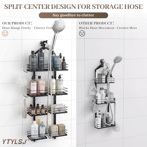 4-Tier Hanging Shower Caddy for Handheld Showerhead, Heavy-Duty Stainless Steel with Dual-Rotating Clamp, Matte Black - color: 4 Tier-Black