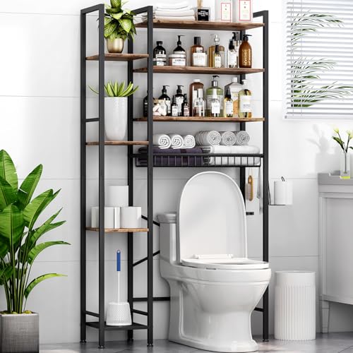 Kalrin 8-Tier Over The Toilet Storage with Side Rack, Over Toilet Storage Rack with Adjustable Shelf & Drain Basket, Freestanding Bathroom Organizer for Balcony, Laundry (Vintage Brown) - color: Brown