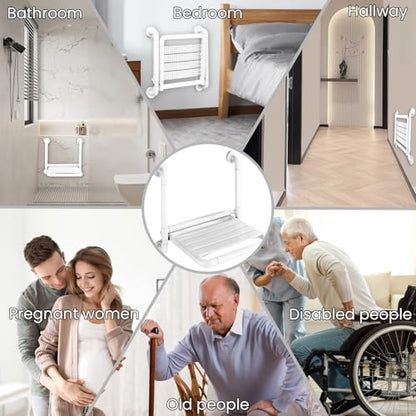 16-Inch Wall Mounted Shower Seats with Armrests, Space-Saving Foldable Shower Bench for Small Bathrooms, Safety Wall-Mounted Foldable Shower Chair with Reflective Strips, Holds up to 330 lbs