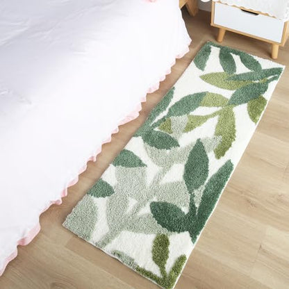 Long Bathroom Runner Rugs- Green Leaves Bathmats Strong Water Aabsorbent Bath Rug with Non Slip Back Large Cute Bathroom Mat for Bathtub Shower Wash Basin 17.5x47 IN/45x120 CM | Super Soft Strong Water Absorbent Bathmat Cute Bath Rug Leaf Bath Home Decor