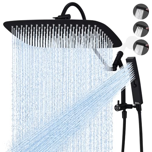 G-Promise Metal 16 Inch Gooseneck Shower Head with Handheld (Matte Black) | All Metal Construction, Pause Mode, 13 Inch Adjustable Gooseneck Arm, Massage Function Hand Shower, Easy Installation - color: Matte Black, size: 16 Inch