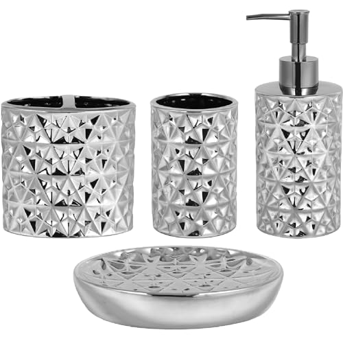Silver Bathroom Accessories Set, 4 Piece Ceramic Bath Accessory Sets Complete, Diamond Soap Dispenser and Silver Toothbrush Holder Set for Bathroom Counter Sink, Farm Modern Bathroom Decor - color: Silver