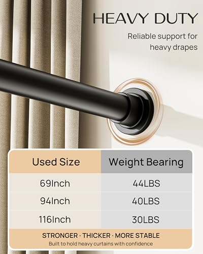 Extra Long Tension Curtain Rod No Drill by EZFurni, 82–123 Inch Heavy Duty Tension Rod with Lock-In Stability, Spring-Loaded Non-Slip Secure Hold for Shower, Window, Patio, 1.26" Diameter, Black - color: Black, size: 82-123 Inches