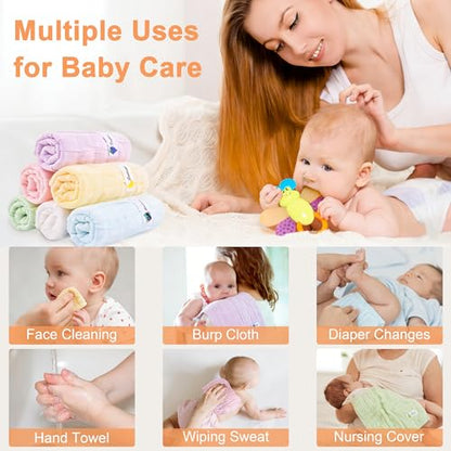 6 Pack Muslin Baby Washcloths 100% Cotton Ultra Soft Absorbent 6 Layer Lightweight Wash Cloths for 10" x 10" Face Bath Burp Cloth Newborn