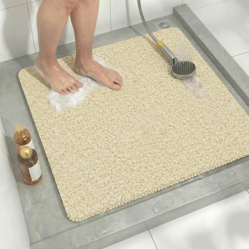 Square Loofah Shower Stall Mat 24"x24", Quick Drying Shower Mats with Drain, PVC Loofah Bath Mat for Wet Room & Bathroom Floor, Soft Textured & Elderly Safe, Washable & Resistant, Beige - color: Beige, size: 24" x 24" (Square)