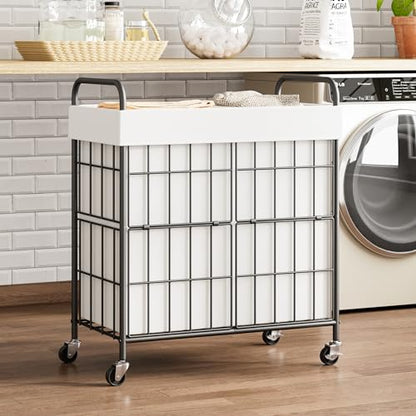 100L 2-Section Laundry Hamper with Wheels, Laundry Basket with Liner Bag | Lockable Casters; Divided Removable Liner; Reinforced Steel Frame; Metal Handle - color: White, size: 100L-2 Sections