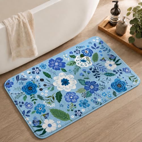 Floral Bathroom Rugs Cute Bath Mat Small, Flower Rug Non Slip Washable Bath Rugs, Soft Shower Rug for Bathtub Floor Decor - color: Blue, size: 1'5" x 2'3" (Rectangular)