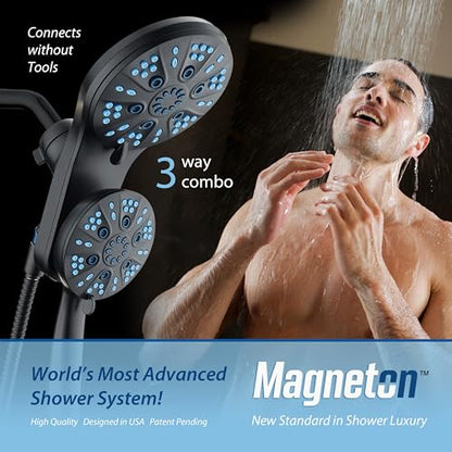 AquaCare Magneton 48-Mode High Pressure Rain & Handheld Shower Head Combo | Space-age Magnetic Guidance Docking, Dual 6-mode Heads with Hygienic Jets, Extra-long 6 ft. Stainless Steel Hose / Black - color: Matte Black