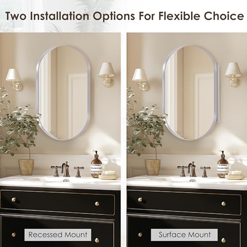 DlandHome Oval Bathroom Medicine Cabinet with Mirror, 34”x20” Recessed Medicine Cabinet for Bathroom with Beveled Edge Mirror, Silver - color: Silver