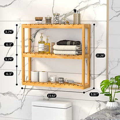 Domax Bamboo Bathroom Shelf 3-Tier Wall Mount Storage Rack Multifunctional Adjustable Layer Free Standing Over Toilet Utility Shelves Living Room Kitchen (Bamboo) - color: Bamboo
