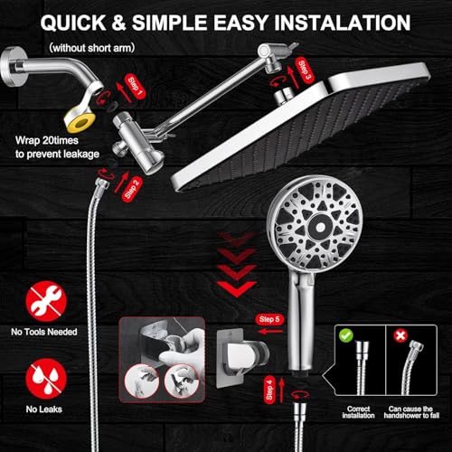 14 Inch Square Rain Shower Head Combo, 7 Settings Handheld Spray, Water Saving with Check Valve, Anti-Clog Nozzles, Tool-Free Installation for Bathroom Upgrade