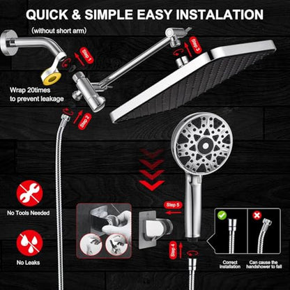 14 Inch Square Rain Shower Head Combo, 7 Settings Handheld Spray, Water Saving with Check Valve, Anti-Clog Nozzles, Tool-Free Installation for Bathroom Upgrade