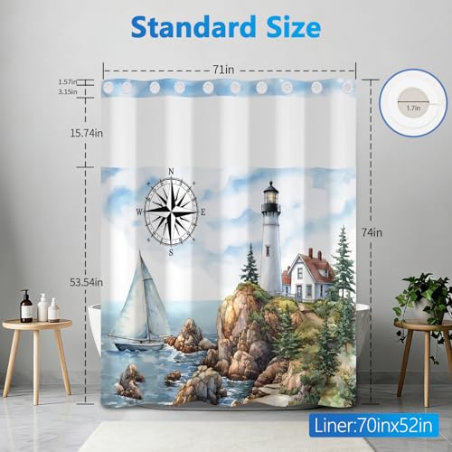 No Hook Shower Curtain and Liner Set, Seaside Lighthouse Pattern Shower Curtain No Hooks with Snap in Liner, 71x74in Easy Hang Shower Curtains for Bathroom with Mesh Top Window and Weighted Hem - color: Lighthouse