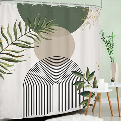 Sage Green Boho Abstract Gold Leav Leaves Bathroom Shower Curtain Set | 72"W x 78"L. waterproof HD print, quick-dry fabric and free hooks for easy setup. - color: A-01green, size: 72"W x 78"L (Pack of 1)