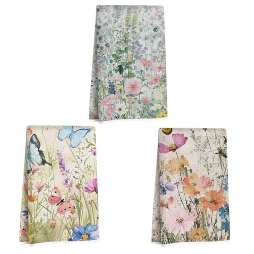 3Pcs Butterfly Kitchen Towels Reusable Cleaning Dish Cloth Tea Towel | Floral Microfiber Hand Towel, Waffle Towels for Home Kitchen Bathroom Decor, Butterfly Gifts for Women Mom Friend, 24x14 Inch - color: Multi 1349