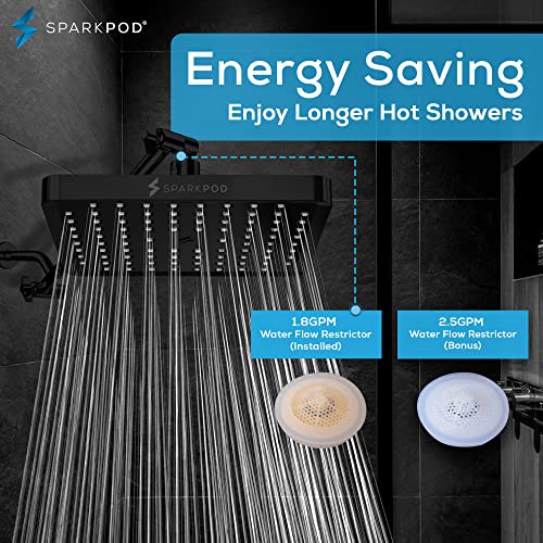 SparkPod Rain Shower Head, 8 Inch Square, Midnight Black Matte Finish | High Pressure Shower Heads, 90 Nozzles, Adjustable Showerhead, No Tools Needed, Universal Connection - color: Midnight Black Matte, style: 8 Inch Square