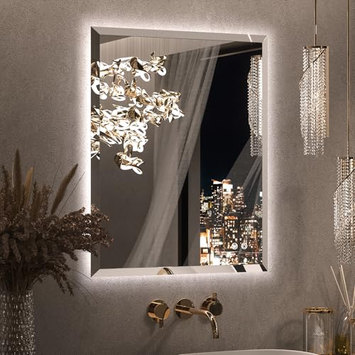Keonjinn LED Mirror Backlit 24 x 30 Inch, Beveled Bathroom Mirror with Backlight, UL-Listed, Safe Tempered Glass, 3 Color Lights, Dimmable, Defogging, Frameless Lighted Vanity Mirrors for Wall - color: Backlit Beveled Edge, size: 30"L x 24"W