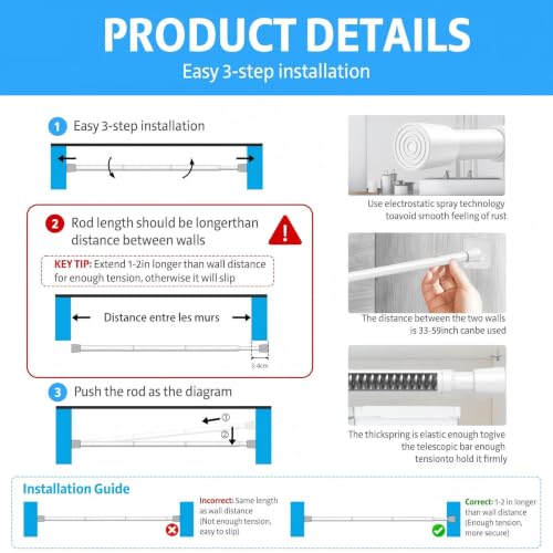 1 Pack Spring Tension Rod, Adjustable 33-59 Inch No Drill, White | 5/8 Inch Diameter Spring Loaded Dual-Range Rod (45-47in Not Compatible), Fits Windows Kitchen Doorway Cupboard - color: White, size: 33-59IN-1P