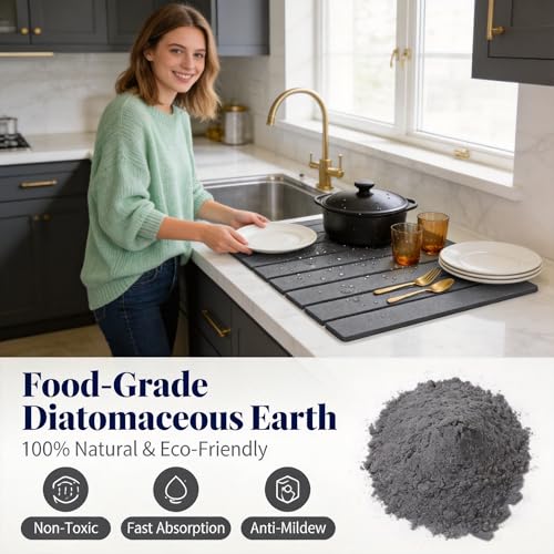 LILILI Stone Dish Drying Mat for Kitchen Counter, Foldable Fast Absorbent Diatomaceous Earth Drying Pad, Non-Slip Kitchen Counter Mat for Dishes, Utensils, Space-Saving, Quick Dry,16" x 12"