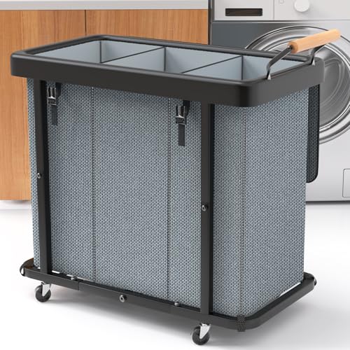 Laundry Hamper 3 Section with Lid,230L Rolling Dirty Clothes Hamper Grey | Laundry Basket with Wheels,Laundry Organizer Storage Cart with Sturdy Metal Frame and Wooden Handle for Laundry Room, Hotel - color: Gray-3 Section, size: 230L