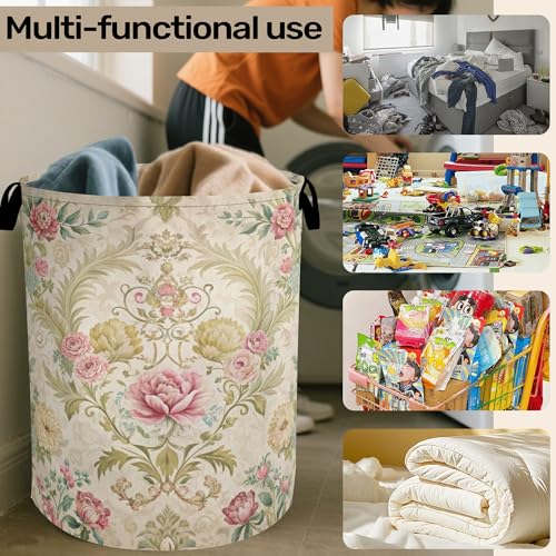 Shabby Chic Rose Laundry Basket with Handles - Extra Large Foldable Hamper for Bathroom/Laundry/Bedroom/Dorm, Washable Fabric Storage Bin - color: Shabby Chic Rose