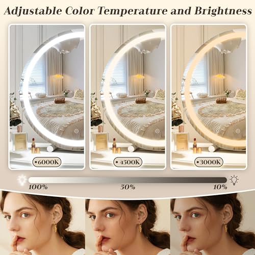 ROLOVE 18 Inch Makeup Mirror with Lights, Large Round Vanity Mirror for Tabletop Desk, Smart Touch Dimmable LED, 360° Rotation, White, Gifts for Women, Wife, Mom, Girls - size: 18"L x 18"W