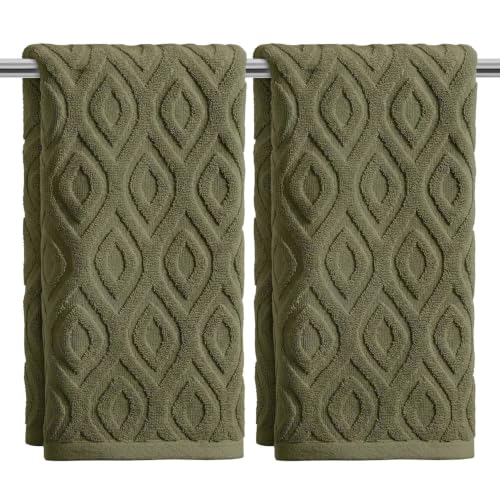 Artoid Mode 2 Pcs Olive Green 3D Diamond Grid Jacquard Hand Towels for Bathroom, 100% Cotton Soft Absorbent Bathroom Decor Towels, 13.7 x 29.5 Inch - color: Olive Green, size: 13.7" x 29.5", 2PCS