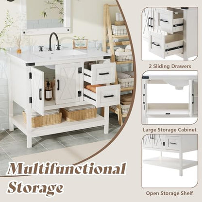 AMERLIFE 36" White Farmhouse Bathroom Vanity with Sink and 2 Drawers | Antique White, Single Solid White Integrated Top, Moisture-Resistant MDF, 2 X-Panel Door, 2 Drawer, Open Shelf, Towel Holder - color: Antique White, size: 36”