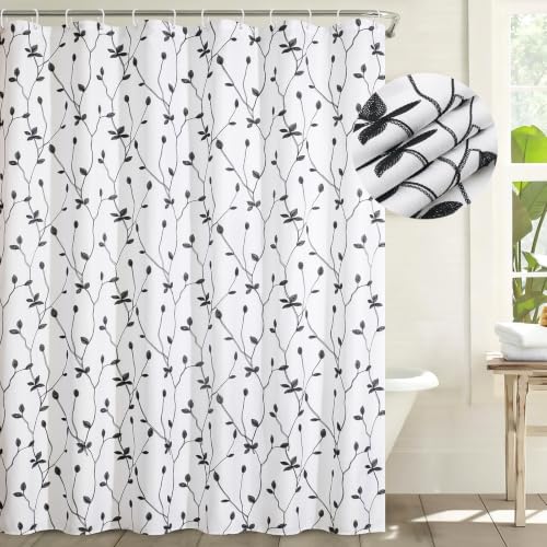 Embroidered Leaf Farmhouse Shower Curtain,Faux Linen,72Wx72L,White Black | Boho Modern Shower Curtain Set, Washable & Waterproof Fabric, Floral Shower Curtains for Bathroom with Hooks - color: White Black