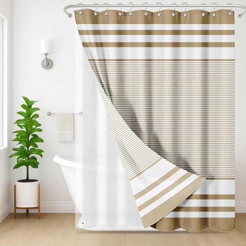 3 in 1 Shower Curtain and Liner,72 x 72 inch, Striped Modern | Navy Blue Modern Modern Double Layers Waterproof Fabric with See Through Top Window Open Grommet Bath Curtain - color: Striped Tan