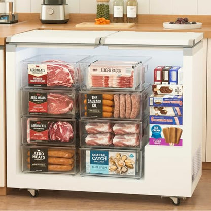 Heyuzb 2 Pack Clear Freezer Organizer Bins Stackable Storage Bins with Side Handles for Kitchen Pantry Cabinet Organzation and Storage - size: 2 PACK